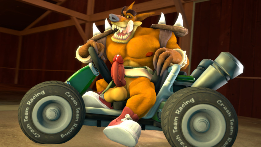 3d abs anthro balls bara bike car claws crash_(series) dick furry furry_male furry_only male male_only muscles nipples penis shack sneakers solo solo_male teeth tiggyafterdark tigura tiny_tiger tongue_out wheel wheels