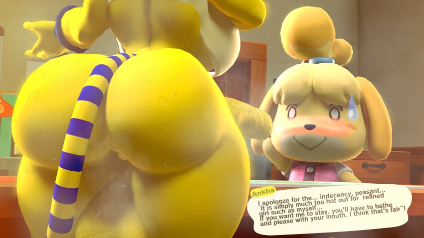 3d_(artwork) absurd_res abyssinian_cat animal_crossing ankha ankha_(animal_crossing) anthro anus ass balls big_ass big_ass_(futa) big_balls big_butt big_penis blue_stripes blush bodily_fluids bottomless bracelet canid canine canis chibi clothed clothing crop_top desk detailed_background dialogue digital_media_(artwork) domestic_cat domestic_dog door duo duo_focus felid feline felis female furniture futanari genitals group gynomorph hi_res huge_balls huge_cock imminent_sex intersex intersex/female isabelle_(animal_crossing) jewelry lewdwithlogan mammal markings mostly_nude musk musk_clouds musky_balls musky_cock nervous nervous_smile nervous_sweat nintendo penis shih_tzu shirt shocked source_filmmaker speech_bubble striped_body striped_markings striped_tail stripes sweat sweatdrop sweaty_balls sweaty_butt sweaty_genitalia table tail tail_markings text thick_thighs topwear topwear_only town_hall toy_dog white_clothing white_shirt white_topwear wide_hips yellow_body