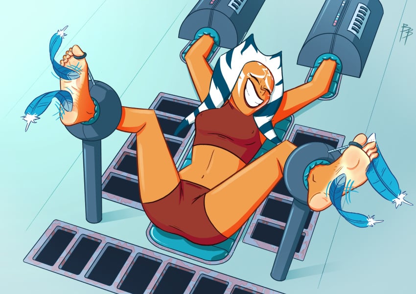 ahsoka_tano alien_girl bondage clenched_teeth closed_eyes clothed_female feathers feet foot_fetish foot_focus legs_up soles star_wars steel_bondage the-flying-hamster tickle_torture tickling tickling_feet toes toes_tied togruta