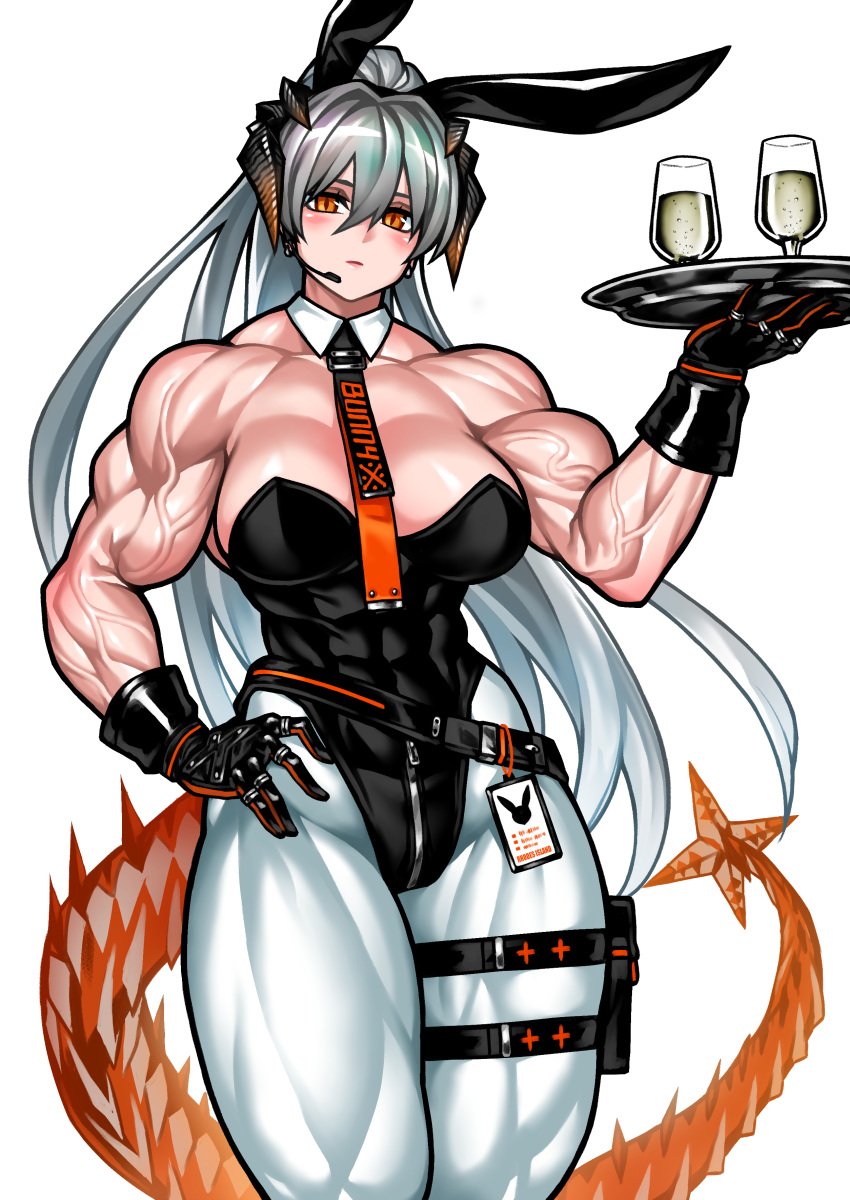 1girls abs alternate_costume alternate_hairstyle arknights biceps big_breasts bunny_ears bunny_girl bunnysuit curvy demon_tail hand_on_hip holding_tray horns leotard light-skinned_female light_skin long_hair looking_at_viewer mature_female microphone muscular muscular_arms muscular_female muscular_thighs orange_eyes pale-skinned_female pale_skin ponytail saria_(arknights) silver_hair thick_thighs yuto_noirm08