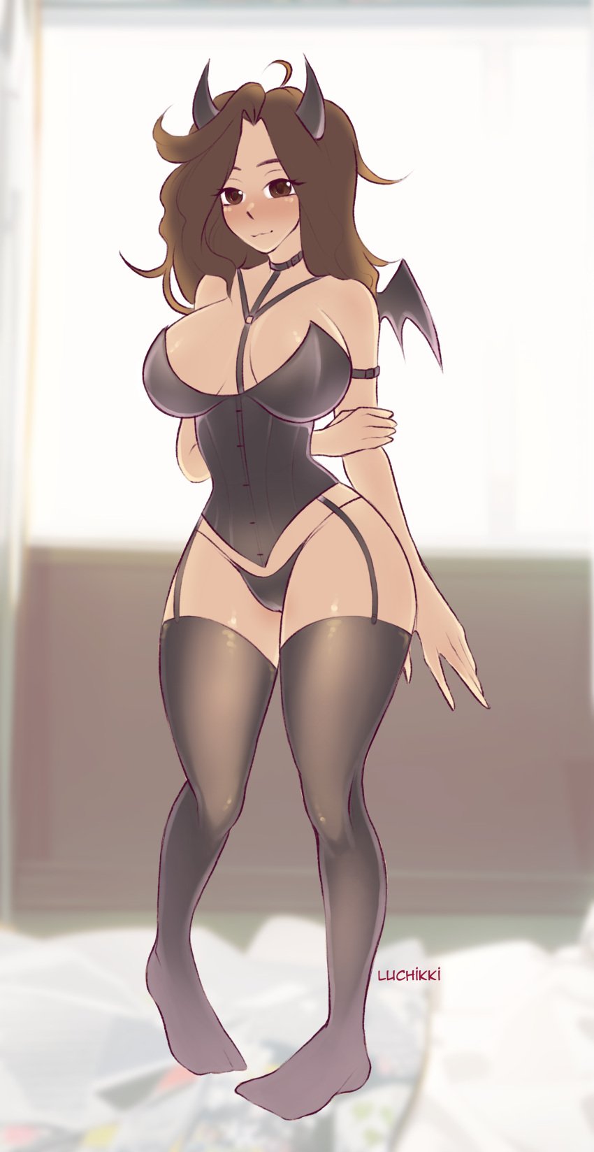 alternate_version_at_source alternate_version_available artist_name blush brown_eyes brown_hair comission corset dark_hair dark_skin devil devil_horns devil_wings female female_only full_body legs legwear looking_at_viewer luchikki original original_character panties smiling_at_viewer standing stockings wings