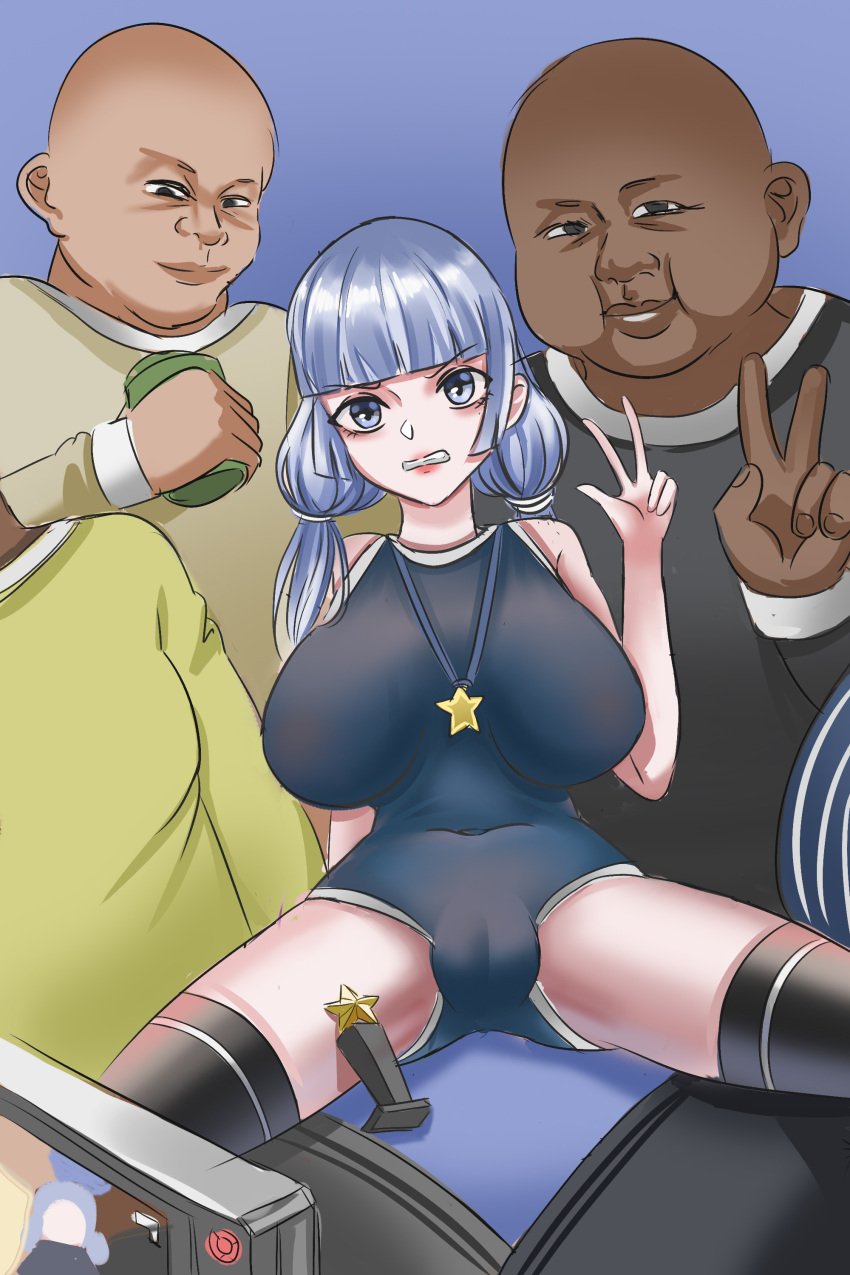 1girls 3boys before_sex big_breasts blue_eyes blue_hair breasts breasts busty curvaceous curvy curvy_body curvy_female curvy_figure female huge_breasts large_breasts medal mengshen multiple_boys original original_character peace_sign swimsuit voluptuous