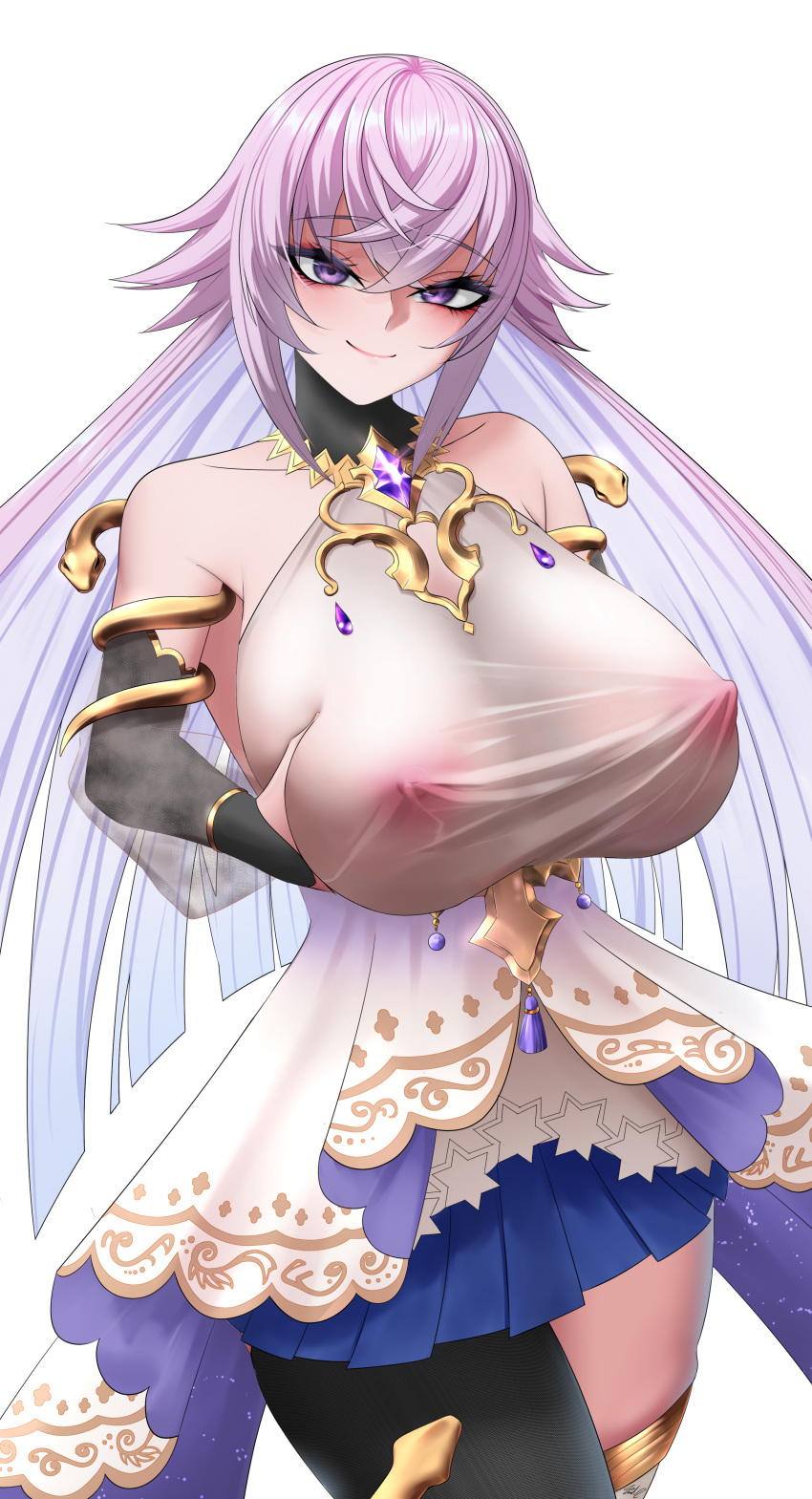 big_breasts breasts clothed clothing dai_sao grabbing_own_breast grimms_notes holding_own_breast huge_breasts iridescent_hair looking_at_viewer magic_mirror_(grimms_notes) nipples_visible_through_clothing presenting_breasts purple_eyes skirt smile solo white_background