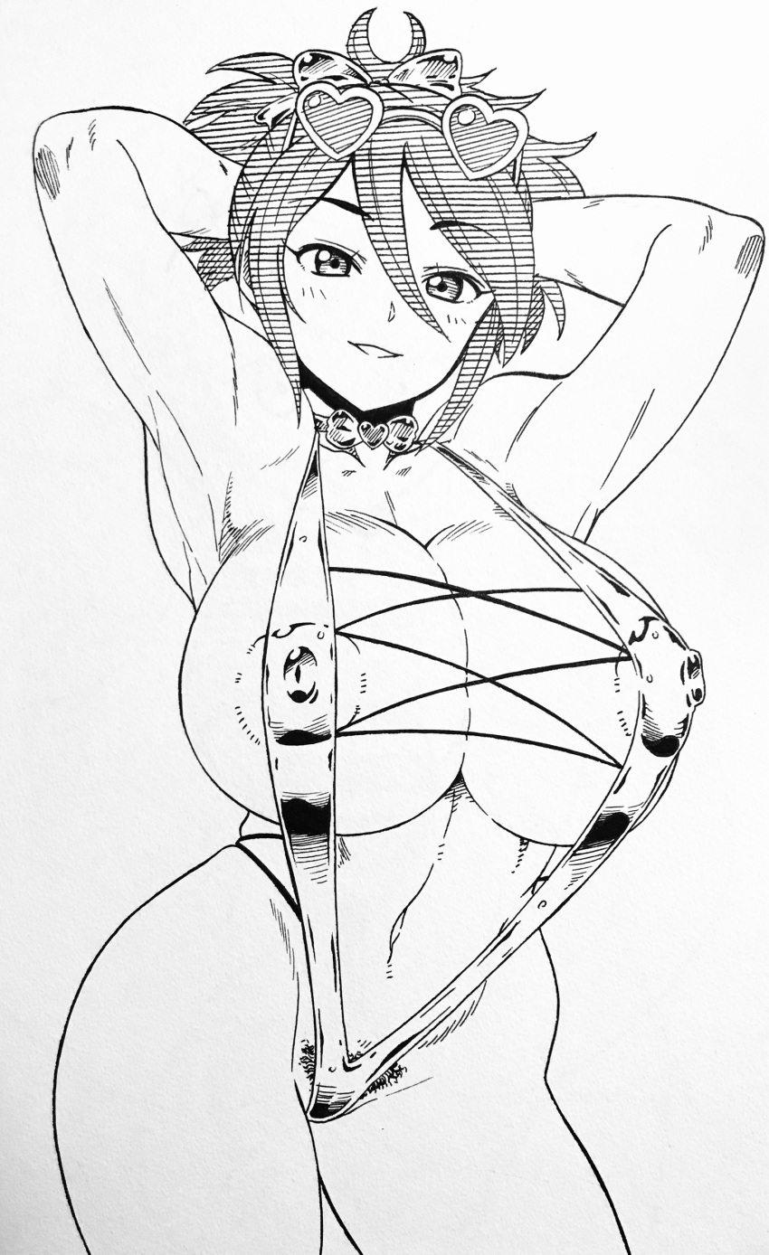 absurdres areola_slip bikini bimbo breasts female greyscale happy highres hokuto_(artist) hokuto_(tokuho) huge_breasts huge_nipples large_areolae large_breasts looking_at_viewer monochrome nipples sheena_fujibayashi slingshot_swimsuit solo swimsuit tales_of_(series) tales_of_symphonia