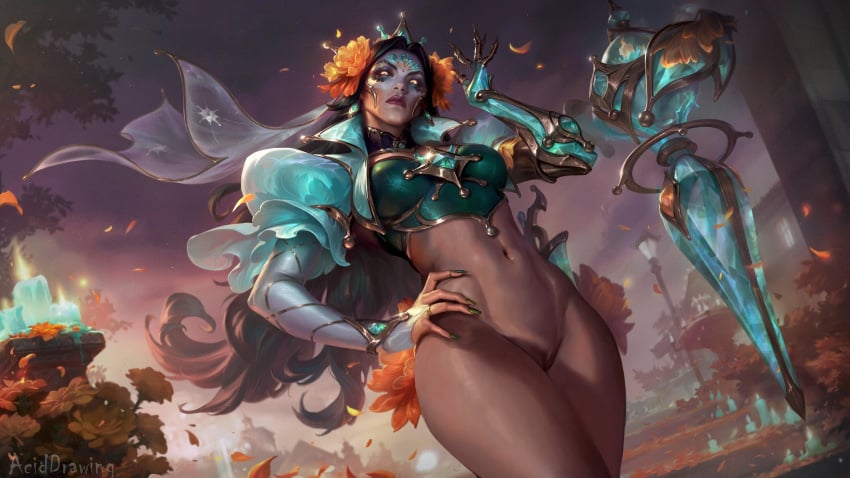 aciddrawing black_hair breasts dia_de_los_muertos edit edited_official_artwork female flower green_nails image la_ilusion_renata_glasc_prestige_edition la_ilusion_series league_of_legends long_nails nude nude_edit nude_female painted_face perspective prestige_skin pussy renata_glasc riot_games sugar_mommy yellow_eyes