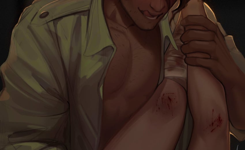 ambiguous_gender bandages blood boyfriend_to_death dominant_male licking_lips pecs pinup scratches stechow strade suggestive unbuttoned_shirt