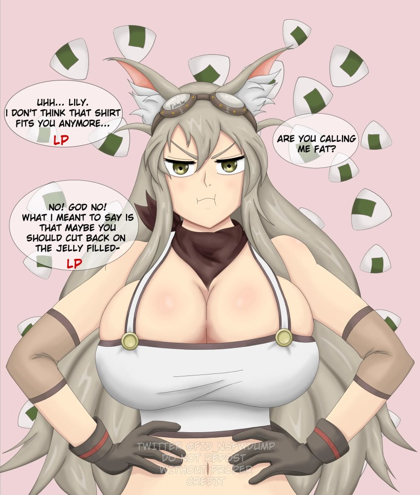 big_breasts fox_ears gloves hands_on_hips lily_the_fox_mechanic lost_pause pouting text_bubble top