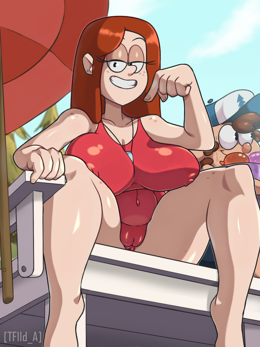 1boy 1girls 5tflldartist5 big_breasts dipper_pines dog_tags eyebrows eyelashes female freckles freckles_on_shoulders ginger ginger_hair gravity_falls large_breasts lifeguard lifeguard_swimsuit light_skin lips looking_at_viewer male orange_hair pale-skinned_female pale_skin swimsuit thick_thighs thighs wendy_corduroy