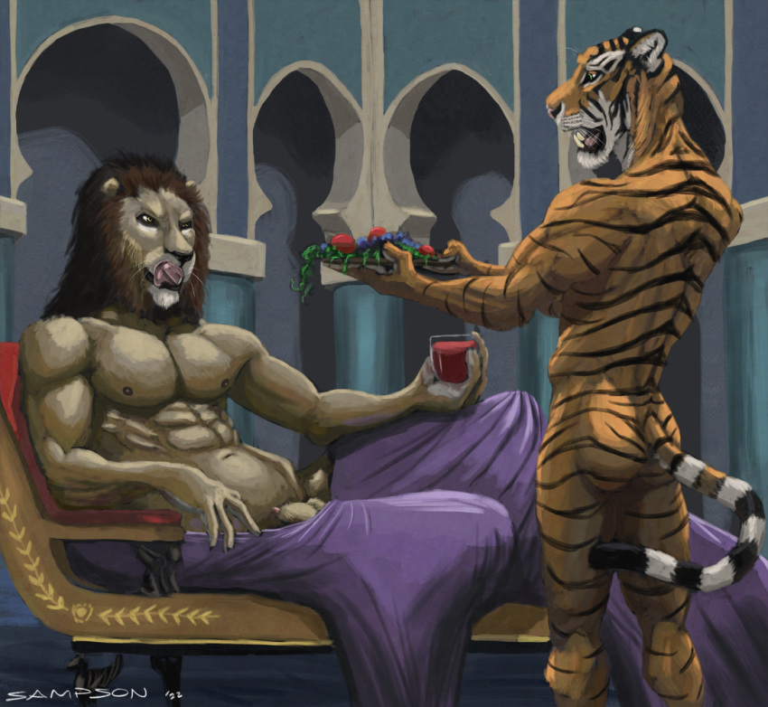 2022 5_fingers abs alcohol animal_genitalia anthro ass athletic athletic_anthro athletic_male beverage black_nose black_stripes brown_mane claws duo fangs felid finger_claws fingers food fur genitals humanoid_hands inside licking licking_lips lion male male/male mammal mane multicolored_body multicolored_fur muscular muscular_anthro muscular_male navel nipples nude orange_body orange_fur pantherine pecs penis penis_tip pink_nose sampsonwoof serving_tray sheath signature standing story story_in_description striped_body striped_fur stripes tan_body tan_fur teeth tiger tongue tongue_out two_tone_body two_tone_fur white_body white_fur wine