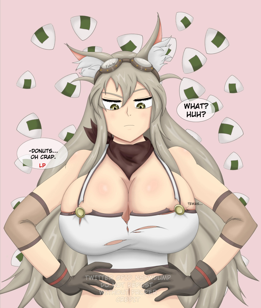 big_breasts bursting_breasts clothes_ripping gloves imminent_wardrobe_malfunction lily_the_fox_mechanic looking_down lost_pause scarf