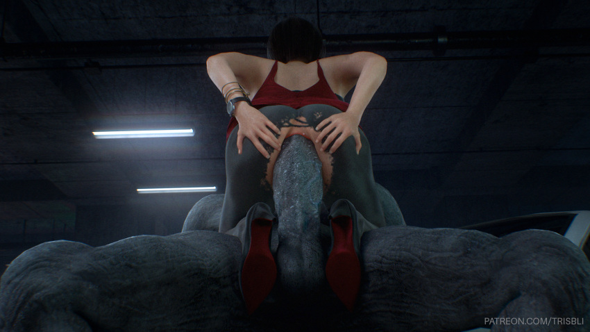 3d 3d_(artwork) ada_wong anal anal_sex asian_female big_penis black_hair blue_skin bottom_view capcom clothed_female_nude_male clothed_sex cowgirl_position dress heels leggins monster mr_x muscular muscular_male resident_evil resident_evil_2 resident_evil_2_remake short_hair size_difference torn_clothes trisbli video_games wristwear