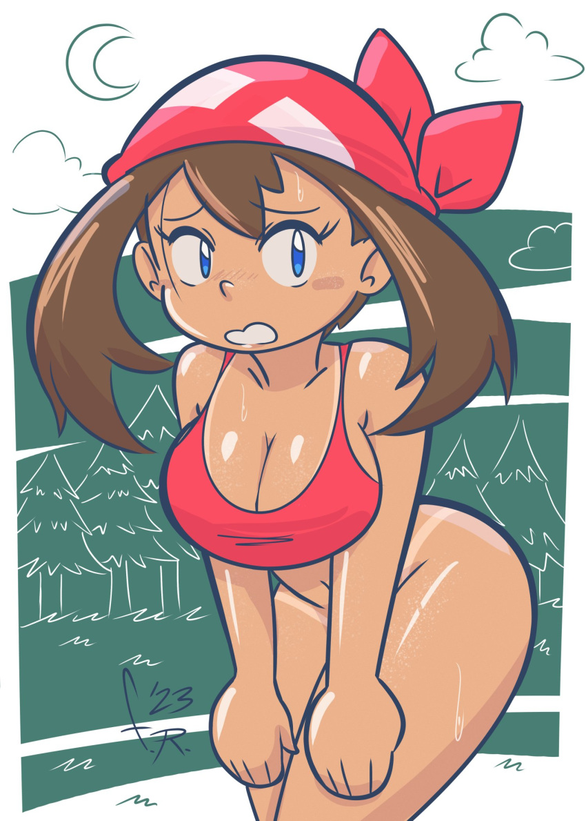 1girls 2023 artist_signature blue_eyes blush bottomless cleavage convenient_censoring embarrassed female fernal-scarlet headwear large_breasts may_(pokemon) may_(pokemon_rs) pokemon pokemon_rse public_nudity signature solo sweatdrop tanline