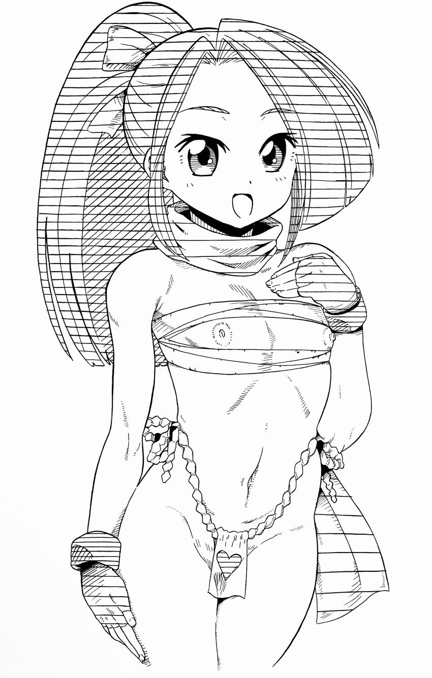 absurdres female flashing fujibayashi_suzu greyscale happy highres hokuto_(artist) hokuto_(tokuho) loincloth long_hair looking_at_viewer monochrome nipples ponytail solo suzu_fujibayashi tales_of_(series) tales_of_phantasia