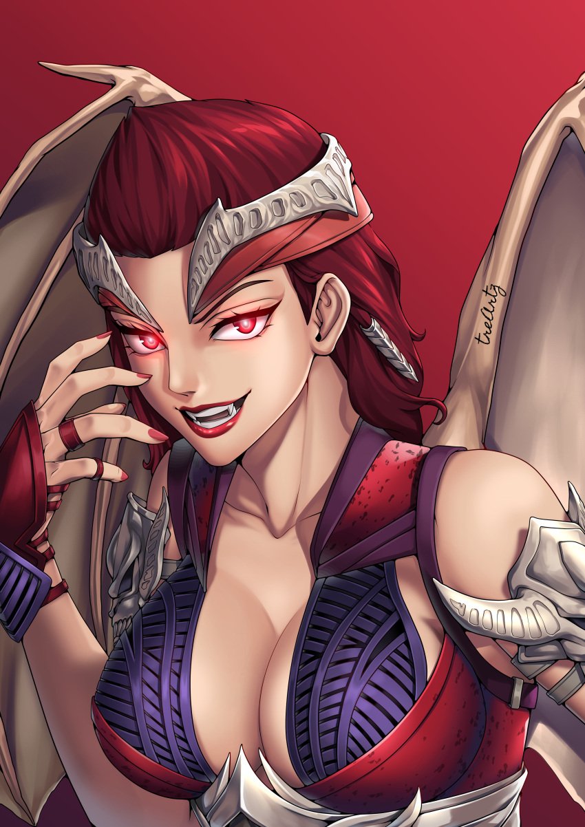 big_breasts breasts fangs female glowing glowing_eyes long_hair metal mortal_kombat mortal_kombat_1_(2023) netherrealm_studios nitara red_eyes red_hair smile smiling solo thotlerrr treartz vampire vampire_girl wings