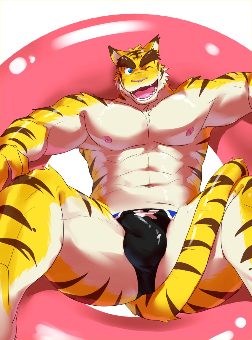 1boy 2023 abs absurd_res anthro blue_eyes brown_body brown_fur brown_stripes bulge clothed clothing colored countershade_face countershade_legs countershade_torso countershading detailed_bulge felid fur hi_res male male_only mammal morenatsu muscular muscular_anthro muscular_male navel nipples open_mouth open_smile pantherine pecs pink_nipples rotton simple_background smile solo speedo speedo_only striped_body striped_fur stripes swim_ring swimwear tail tan_body tan_fur tiger topless torahiko_(morenatsu) white_background yellow_body yellow_fur