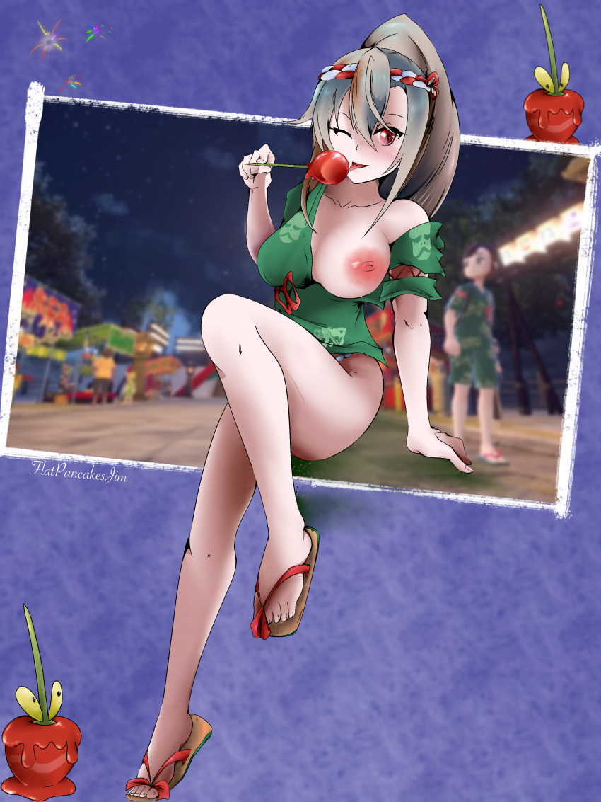 1girls ;p blush candy_apple curvaceous curvy dipplin eydis_synthesis_ten festival flatpancakes fundoshi game_freak grey_hair headband high_ponytail highres kimono kimono_open light-skinned_female long_hair nintendo nipple_slip no_socks one_breast_out panty_peek partially_clothed pokemon pokemon_(species) pokemon_sv ponytail sandals sitting summer_festival sword_art_online sword_art_online_alicization tongue_out wink winking_at_viewer