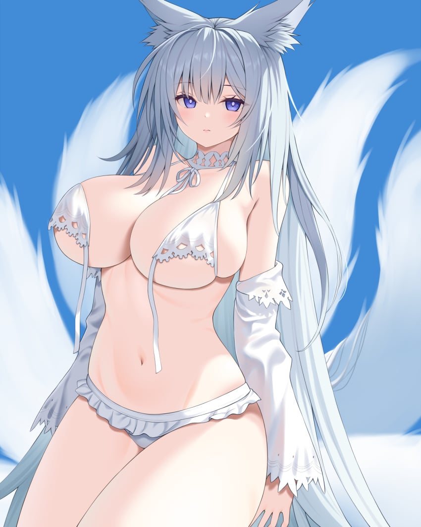 1girls alternate_costume animal_ears asamura_hiori azur_lane belly_button bikini blush breasts covered_nipples female female_only fox_ears fox_girl fox_tails huge_breasts light-skinned_female light_skin looking_at_viewer multiple_tails official_alternate_costume purple_eyes sakura_empire_(azur_lane) shinano_(azur_lane) shinano_(dreamy_white_sands)_(azur_lane) silver_hair solo swimsuit untied untied_bikini_top white_bikini