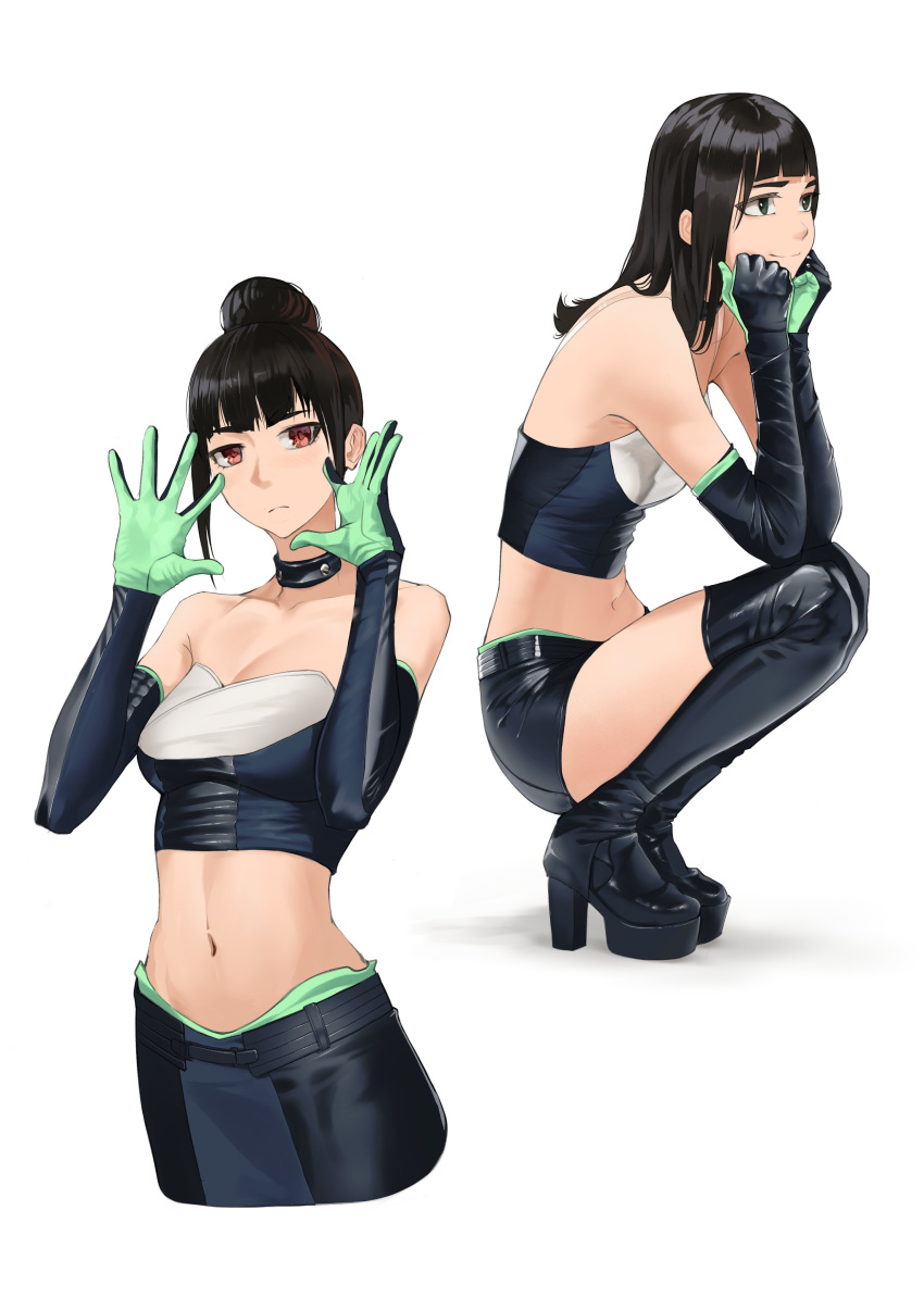 belly belly_button black_hair bob_cut gloves high_heels latex miniskirt tbocart thighs tight_clothing topwear