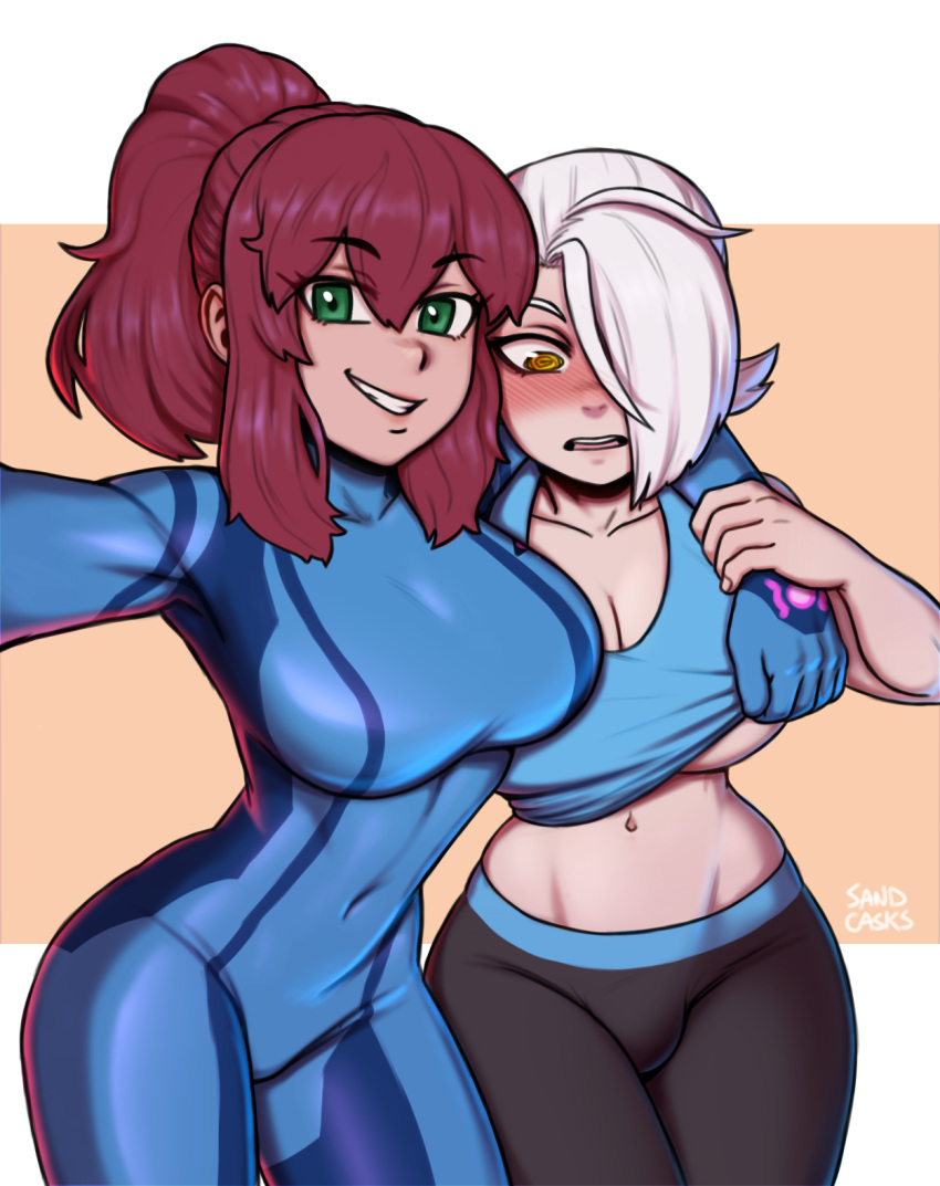 1futa 1girls andrea_vaeyl assisted_exposure big_breasts blue_bodysuit blush bodysuit breasts bulge cleavage clothed clothes_lift clothing cosplay crop_top crossover crossover_cosplay embarrassed female fully_clothed futanari green_eyes grin hair_over_one_eye human large_breasts light-skinned_female light-skinned_futanari light_skin long_hair looking_at_viewer medium_breasts metroid midriff nintendo pants ponytail red_hair samus_aran_(cosplay) sandcavern selfie serenya shirt_lift sidelocks smile sports_bra sports_bra_lift standing underboob white_hair wii_fit wii_fit_trainer_(cosplay) zero_suit