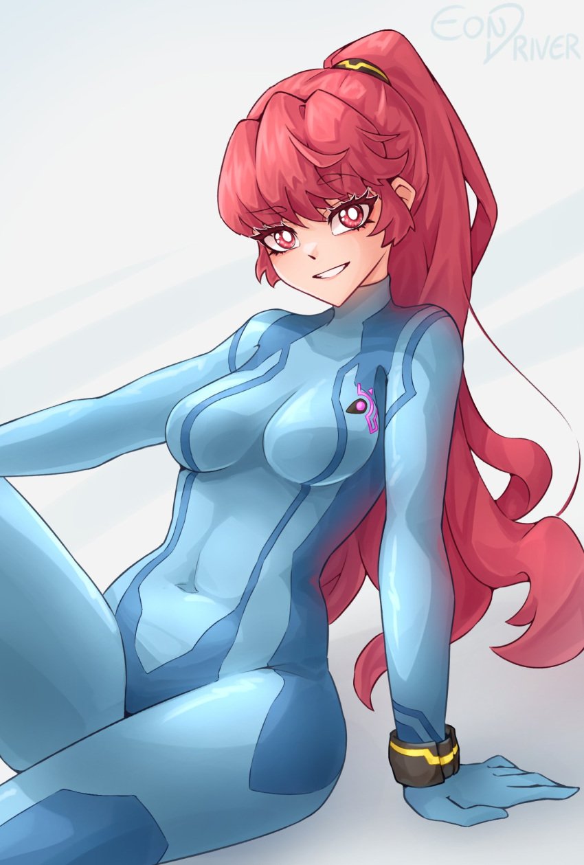 1girls atlus big_breasts blue_bodysuit bodysuit breasts cosplay crossover eondriver female female_only kasumi_yoshizawa long_hair looking_at_viewer megami_tensei metroid nintendo persona persona_5 persona_5_royal ponytail red_eyes red_hair samus_aran_(cosplay) sitting smile smiling solo solo_female sumire_yoshizawa tight_bodysuit tight_clothing zero_suit zero_suit_samus_(cosplay)