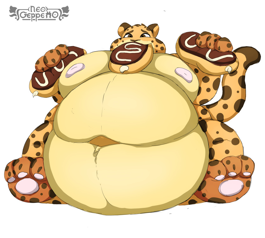 anthro ass belly benjamin_clawhauser big_belly cheetah digital_media_(artwork) disney english_text feeding felid feline fur hi_res hyper hyper_belly inflation male mammal morbidly_obese morbidly_obese_anthro morbidly_obese_male neo_geppetto nipples obese obese_anthro obese_male overweight overweight_anthro overweight_male simple_background solo spots spotted_body text thick_thighs weight_gain wide_hips zootopia