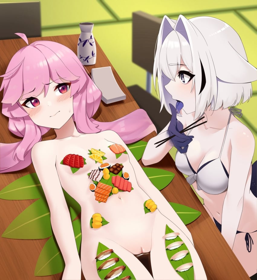 2girls ahoge bikini black_bikini black_hair blush breasts chair chopsticks cleavage cleft_of_venus colored_tongue cross-shaped_pupils eien_project english_commentary fish_(food) food food_on_body food_on_breasts grey_eyes hair_intakes highres holding holding_chopsticks indoors kiki_lockheart kilia_kurayami leaf long_hair lying mamezara medium_breasts mismatched_bikini multicolored_hair multiple_girls nigirizushi nude nyotaimori on_back on_table pink_eyes pink_hair plate purple_hands purple_tongue pussy sashimi second-party_source short_hair side-tie_bikini_bottom sitting small_breasts soy_sauce streaked_hair sushi swimsuit symbol-shaped_pupils table tokkuri tongue tongue_out virtual_youtuber wakamezake white_bikini white_hair yuyu5x