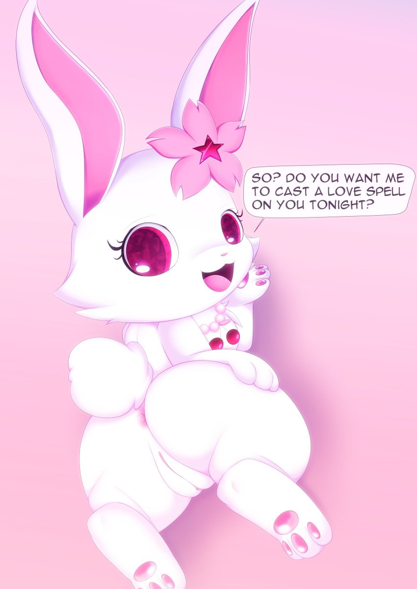 :3 absurd_res anus ass english_text female genitals hi_res jewelpet lagomorph leporid looking_at_viewer mammal open_mouth pink_background pink_eyes plump_labia plushcrochet pussy rabbit ruby_(jewelpet) sanrio semi-anthro simple_background solo tail text white_body