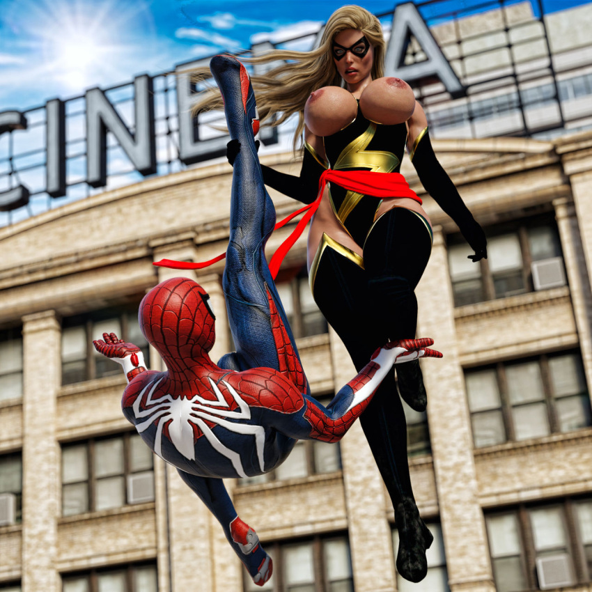 1boy 1girls 3d 3d_(artwork) avengers big_breasts breasts breasts_out busty carol_danvers danp eyes female hair hero heroine hips huge_breasts insomniac_games large_breasts light-skinned_female light_skin lips marvel marvel_comics ms._marvel ms._marvel_(carol_danvers) nipples peter_parker spider-man spider-man_(ps4) spider-man_(series) straight superhero superheroine