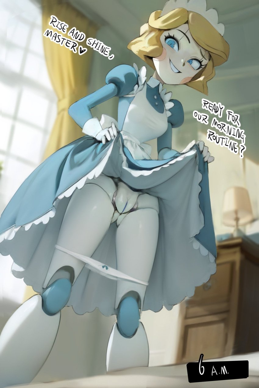 1girls 5_fingers bedroom blonde blonde_hair blue_eyes blue_sclera cheek_spots clothing dialogue emmy_the_nandroid emmy_the_robot english_text eyelashes female female_focus frilly_clothing frilly_dress gloves imminent_sex inside jpeg lifting_skirt maid maid_headdress maid_uniform pale_body panties_around_legs pussy robot robot_girl robot_humanoid robot_joints seducing short_hair smewed smile spoken_heart standing text white_body