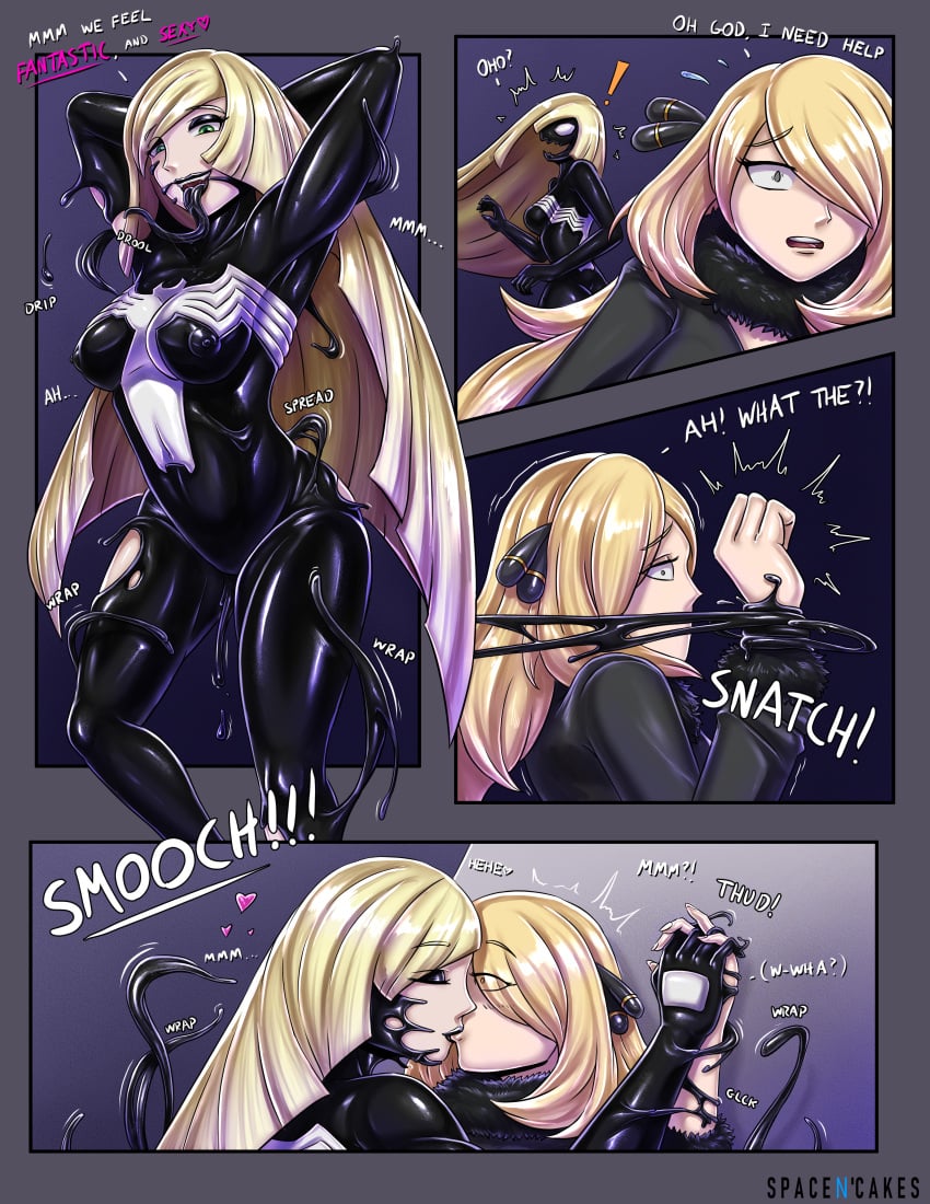 2girls alternate_breast_size big_breasts black_lips breast_expansion corruption cynthia_(pokemon) female human large_breasts light-skinned_female light_skin long_tongue lusamine_(pokemon) marvel multiple_girls nipples pokemon she-venom slime spacen'cakes spider-man_(series) symbiote transformation venom_(marvel) yuri