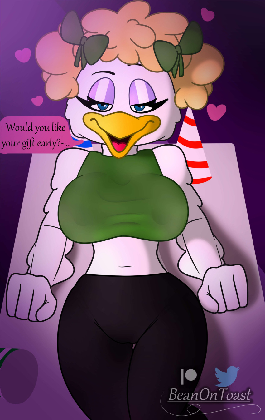 2023 2d 2d_(artwork) anthro avian beanontoast bedroom_eyes belly belly_button big_breasts bird bird_girl birthday_hat bow bows_in_hair britney_spears chicken chicken_girl chuck_e_cheese_(franchise) clothed clothing cosplay crop_top curvy curvy_female curvy_figure dialog dialogue digital_art digital_drawing_(artwork) digital_media_(artwork) furry furry_female galliform gallus_(genus) hearts helen_henny inviting inviting_to_sex laying_down lying lying_on_table mascot midriff party_hat phasianid pigtails seductive seductive_look seductive_smile slender_body slender_waist speech speech_bubble text text_bubble thick_thighs white_feathers yellow_hair yoga_pants