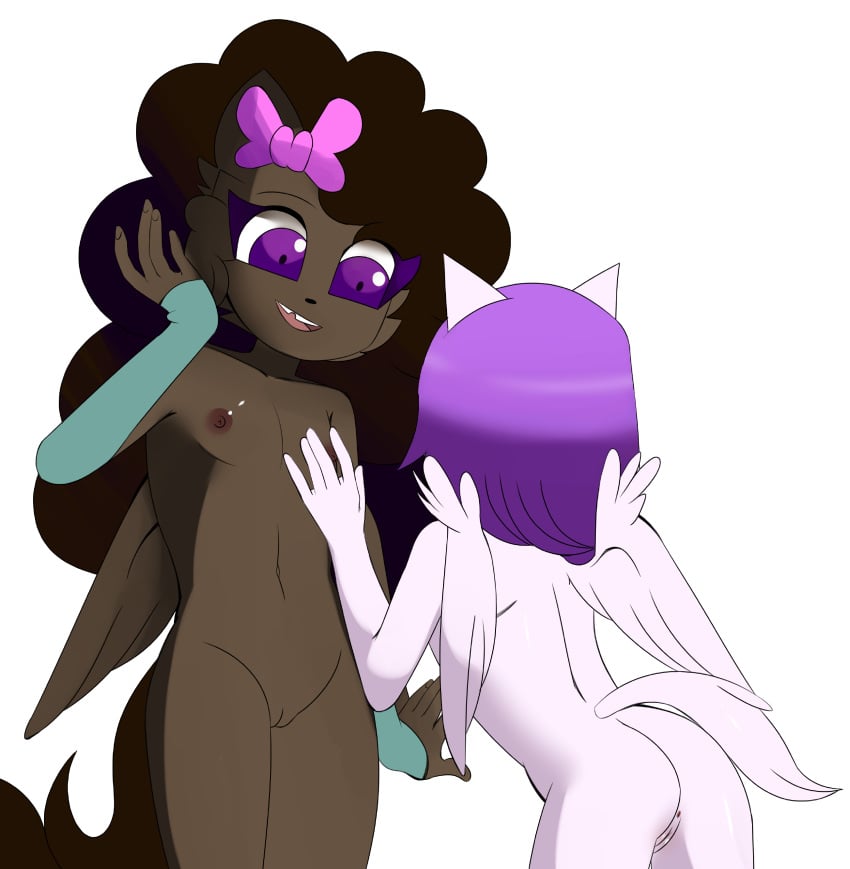 2girls animal_ear animation_meme_community anus brown_body brown_hair furry hair kitty_channel_afnan mary_(kitty_channel_afnan) nude nude_female open_mouth purple_eyes purple_hair pussy small_breasts smile tagme tail touching_breast valentine_(kitty_channel_afnan) watermark white_body wings young