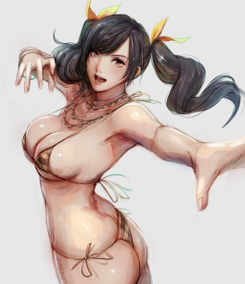 1girls asian asian_female ass bikini black_hair breasts female junkpuyo large_breasts ling_xiaoyu micro_bikini side-tie_bikini sideboob solo tekken twintails underboob