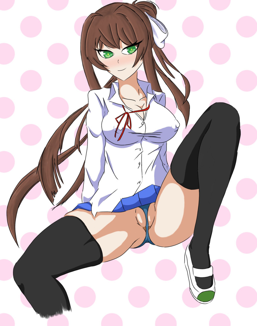 1female 1girls big_breasts blue_panties blue_skirt breasts brown_hair doki_doki_literature_club green_eyes hard_nipples long_hair looking_at_viewer monika_(doki_doki_literature_club) nipple_bulge nipples panties pussy pussy_lips shoes skirt smile smiling_at_viewer spread_legs teock2d thighhighs