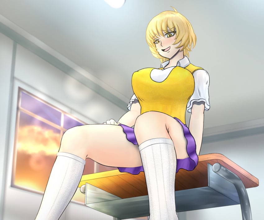 blonde_hair blush breasts caironi knee_socks kneehighs kneesocks large_breasts looking_at_viewer looking_down saiko_no_sutoka school_uniform schoolgirl schoolgirl_uniform sitting sitting_on_desk skirt socks white_socks yellow_eyes yui_ichikawa_(saiko_no_sutoka)