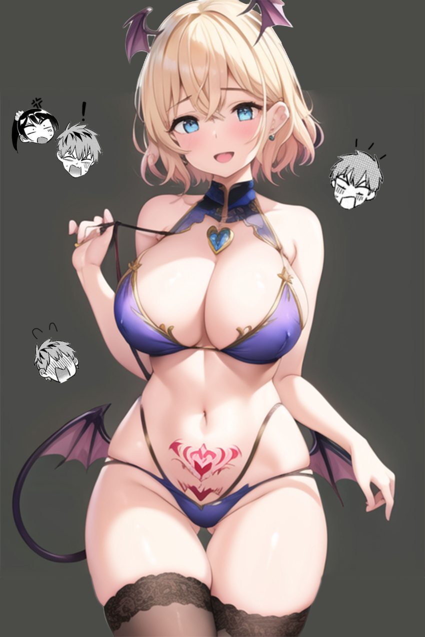 ai_generated blonde_hair blue_eyes blush earrings fickjay925 kanojo_okarishimasu large_breasts lingerie looking_at_viewer nanami_mami pubic_tattoo smile succubus tail thighhighs wings