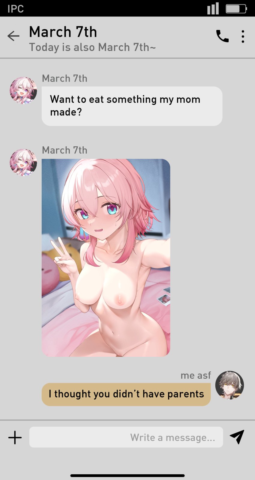 
 armpits battery_indicator blue_eyes blurry breasts caelus_(honkai:_star_rail) chat_log collarbone completely_nude english_text fake_phone_screenshot fake_screenshot female flirting hair_between_eyes highres honkai:_star_rail honkai_(series) looking_at_viewer march_7th_(honkai:_star_rail) medium_breasts nipples nude pink_hair selfie sexting shirt sitting solo tagme text_messaging yatsucchie