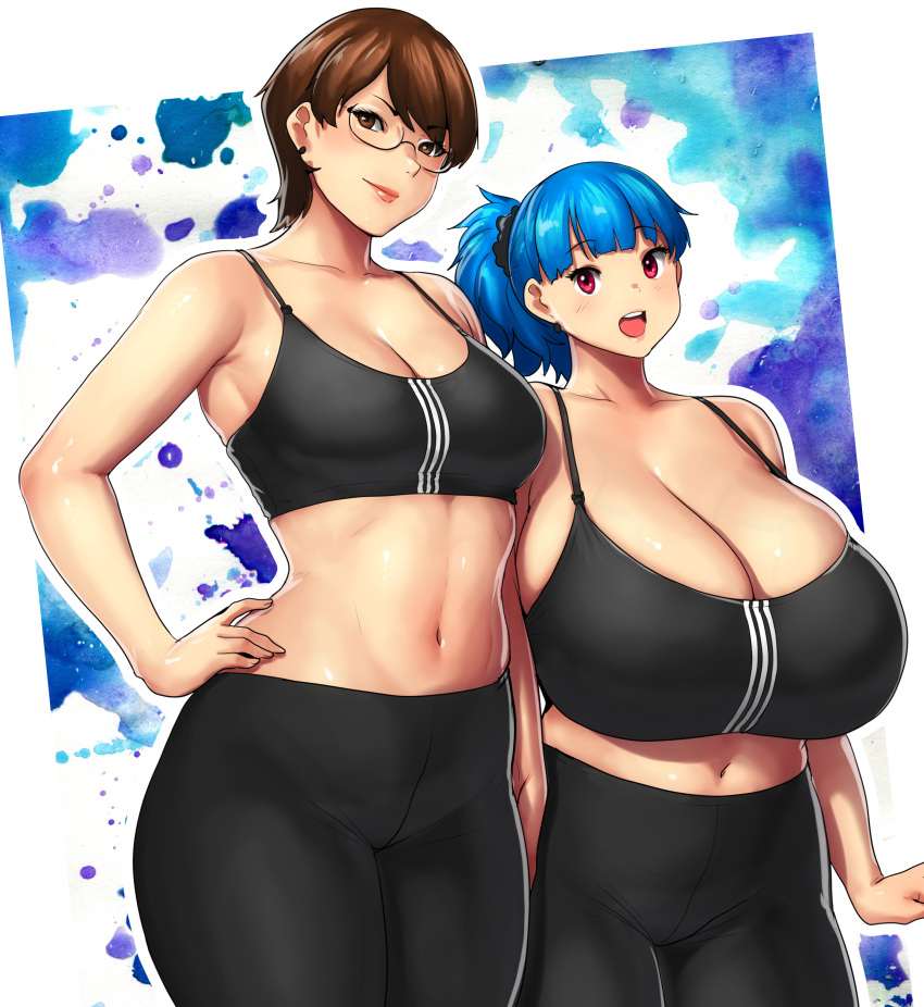 2girls aunt aunt_and_niece ayumi_(errorkazoo) bare_shoulders big_breasts blue_hair breasts breasts_bigger_than_head breasts_bigger_than_torso brown_hair cleavage curvy curvy_female curvy_figure duo duo_focus enormous_breasts errorkazoo female female_only gigantic_breasts gym_clothes huge_breasts human human_female human_only large_breasts massive_breasts medium_support_(meme) meme older_woman_and_younger_girl original_character ponytail red_eyes rina_atherina_(errorkazoo) short_hair small_breasts tank_top thin_waist very_short_hair