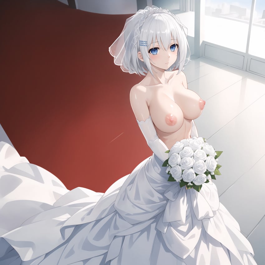 1girls ai_generated arm_sleeves blue_eyes blush bouquet breasts_expansion breasts_out bride clavicle date_a_live elbow_gloves emotionless female female_only flower gloves large_breasts looking_at_viewer nipples no_bra partially_clothed short_hair stable_diffusion tagme tobiichi_origami topless veil wedding_dress wedding_gloves wedding_veil white_dress white_gloves white_hair white_rose