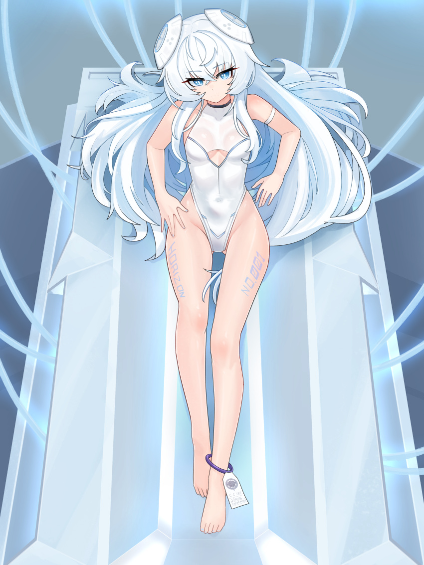 absurdres bare_shoulders barefoot blue_eyes breasts counter:side expressionless female groin headgear highres horizon_(counter:side) leotard long_hair looking_at_viewer nabiyan sitting small_breasts solo tagme white_hair