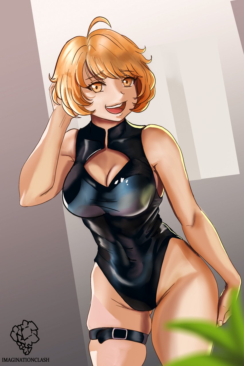 belt_around_thigh black_one-piece_swimsuit black_swimsuit blonde_hair breasts cleavage crovoic hips keyhole one-piece_swimsuit open_mouth saiko_no_sutoka short_hair skindentation thick_thighs thighs wide_hips yellow_eyes yui_ichikawa_(saiko_no_sutoka)