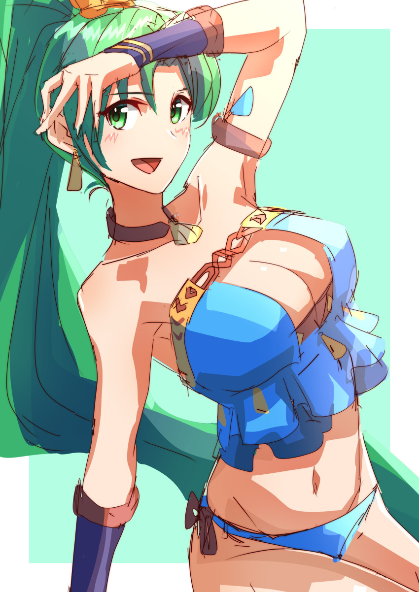 alternate_costume blue_bikini blue_swimsuit breasts female female_only fire_emblem fire_emblem:_the_blazing_blade fire_emblem_heroes lyn_(fire_emblem) lyn_(summer)_(fire_emblem) nintendo official_alternate_costume open_mouth solo swimsuit to_(tototo_tk)