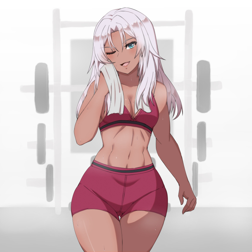 1girls abs blue_eyes dark-skinned_female dark_skin elma_(xenoblade_x) female gym_clothes hi_res high_resolution highres nintendo shorts silver_hair solo sports_bra sportswear thigh_gap toned toned_female white_hair wide_hips xenoblade_(series) xenoblade_chronicles_x zerocgm