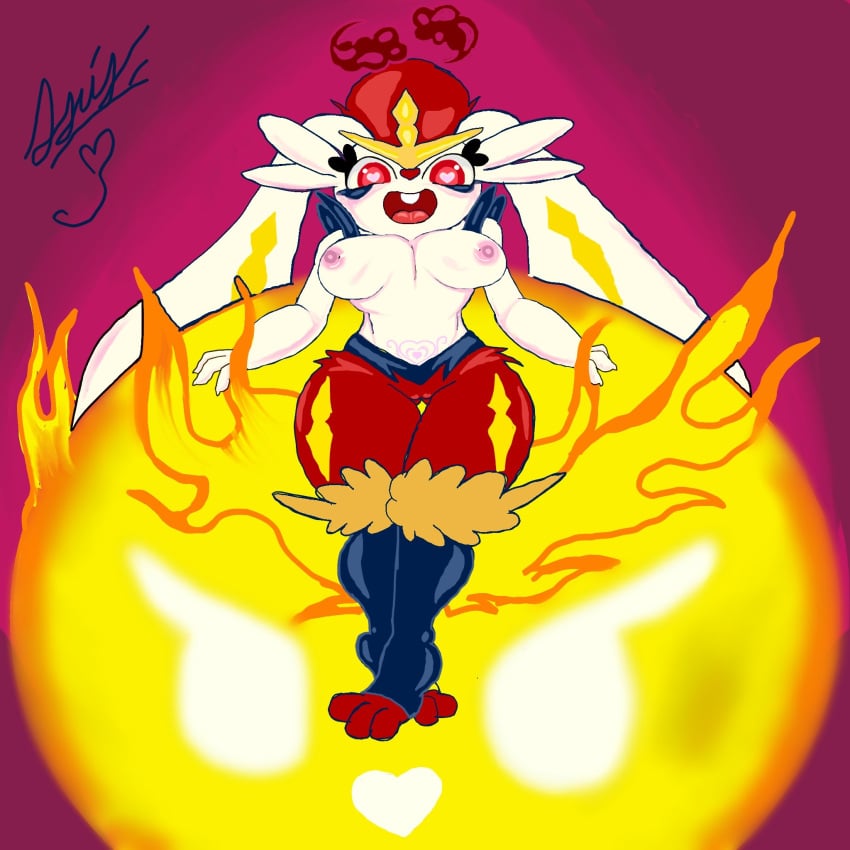 <3_eyes 2022 anthro breasts buckteeth cinderace clothed clothing elchuydra female fire fur furry generation_8_pokemon heart hi_res looking_at_viewer medium_breasts multicolored_body multicolored_fur nintendo nipples open_mouth pink_nipples pokemon pokemon_(species) pubic_tattoo red_eyes signature sitting solo teeth topless two_tone_body two_tone_fur white_body white_fur