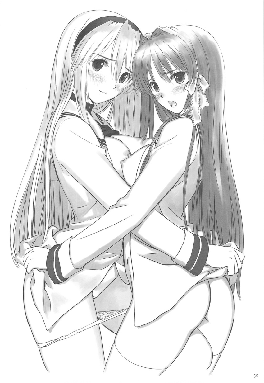 2girls ass blush botan_nabe bottomless bow breast_press breasts clannad clothing doujinshi female female_only fujibayashi_kyou hairband hairbow highres large_breasts long_hair monochrome multiple_females multiple_girls nipples nopan open_clothes open_mouth open_shirt oppai panties panty_pull pussy sakagami_tomoyo school_uniform shirt shirt_lift stockings symmetrical_docking taka_tony thighhighs uncensored underwear yuri