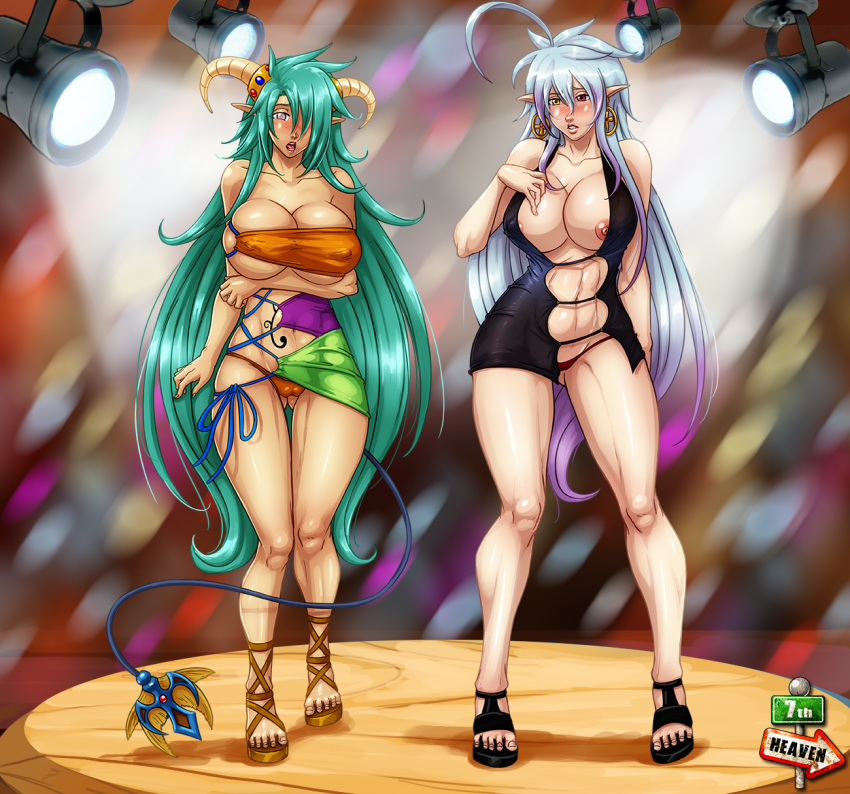 2girls 7th-heaven ahoge ass_visible_through_thighs blush cameltoe dragon_girl dress earrings elf erainha female female_only gradient gradient_hair green_hair hair_between_eyes hair_over_one_eye heterochromia high_heels large_breasts long_hair looking_at_viewer multiple_girls navel nipples original panties pink_eyes pointy_ears purple_eyes purple_hair purple_panties saya_rain scales silver_hair tail tattoo thigh_gap underwear very_long_hair wide_hips yellow_eyes