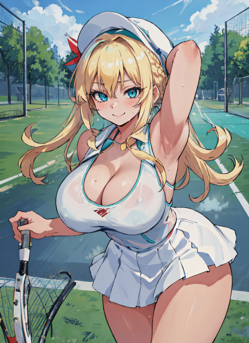 1girls ai_generated armpits arms_up big_breasts blonde_hair blue_eyes cleavage hi_res huge_breasts large_breasts mabi_ai original original_character pleated_skirt skirt sweat tennis tennis_racket tennis_uniform thick_thighs visor_cap wide_hips