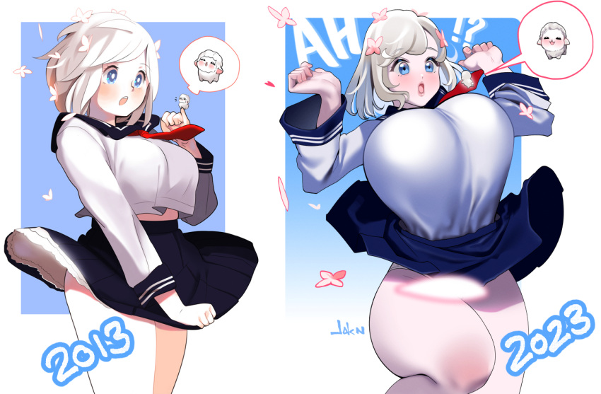 :o art_progression big_breasts blue_eyes blush blushing busty dskn hourglass_figure large_breasts original_character pale-skinned_female pale_skin school_uniform schoolgirl short_hair skirt_lift skirt_up surprised surprised_expression thin_waist white_hair