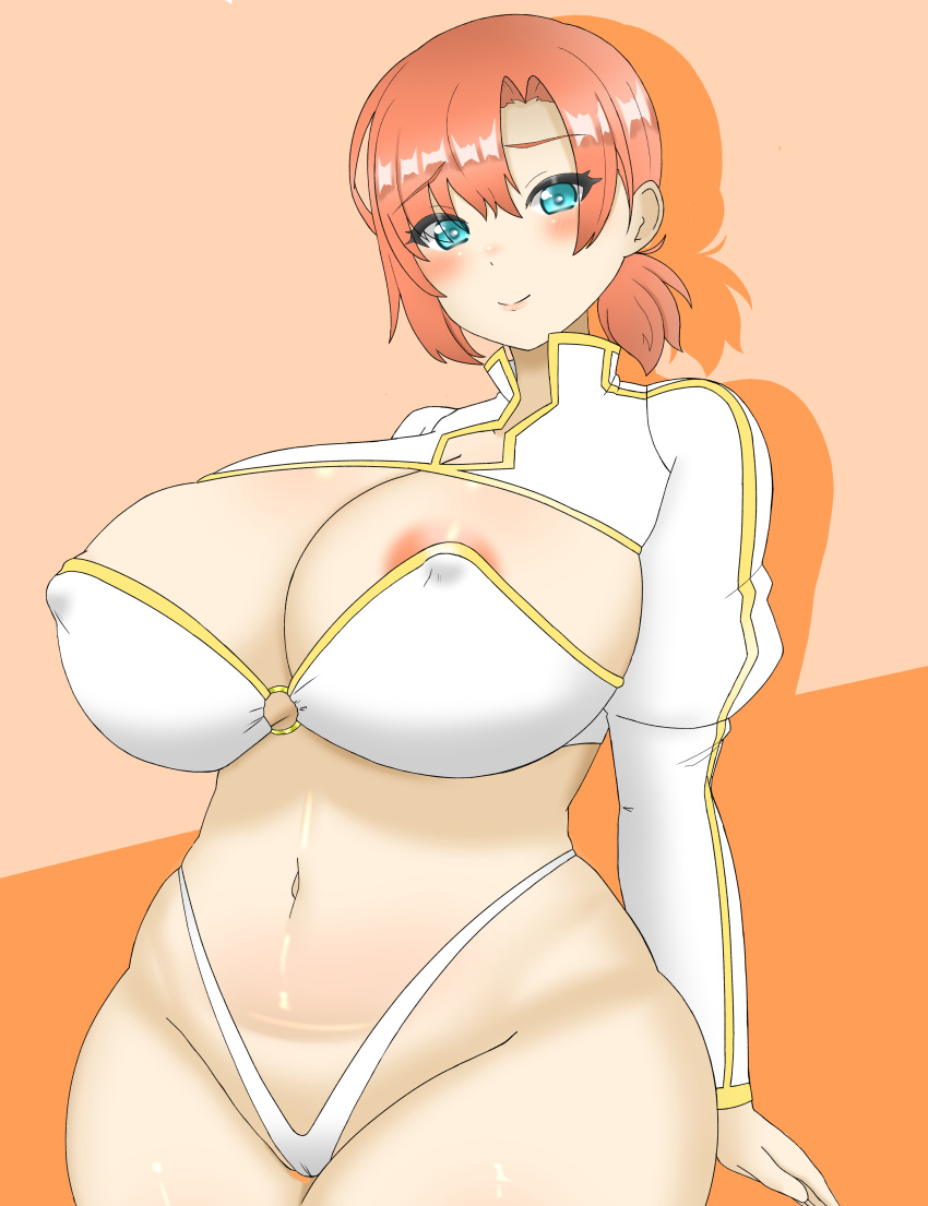 areola_slip big_breasts blue_eyes blush boudica_(fate) boudica_(fate/grand_order) breasts cameltoe clothed clothing doors_drop drop_shadow fate/grand_order fate_(series) huge_breasts orange_background orange_hair orange_theme solo