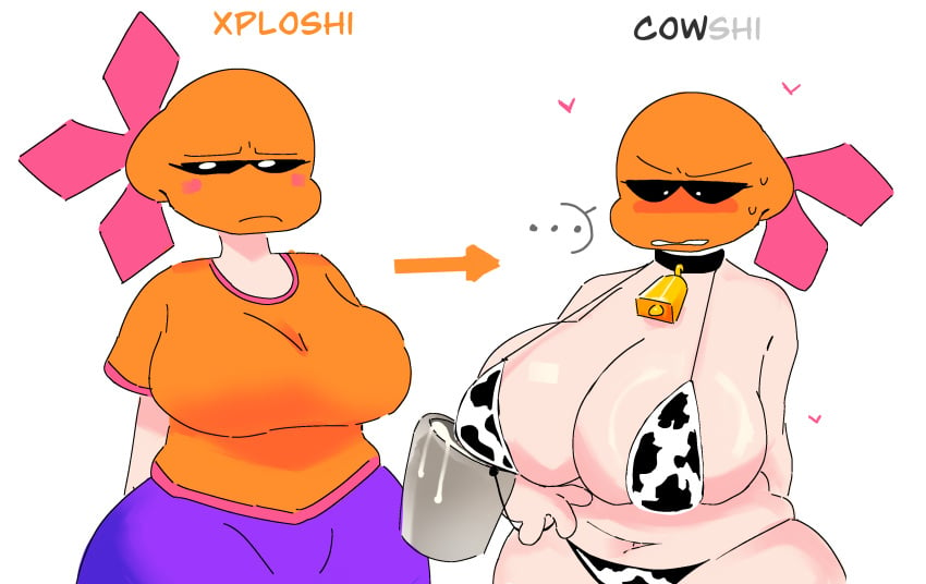 1girls beanie beanie_hat big_breasts blue_pants cow_bell cow_bell_collar cow_bikini cow_girl cow_print cow_print_bikini cowshi female huge_breasts milk_bucket orange_shirt solo tagme xploshi_(character) yeesgshh